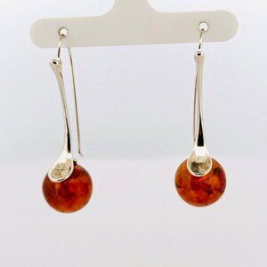 Estate Sterling Silver 925 Amber Ball Drop Dangle Earrings Modern Art Deco 6.5g